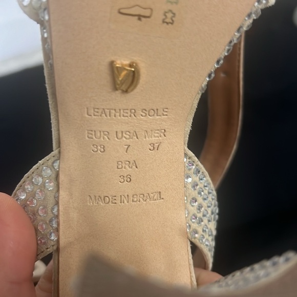 Anthropologie Vicenza Beige Platform Sparkly Ankle Straps High Heels - 4.5” - Picture 6 of 8